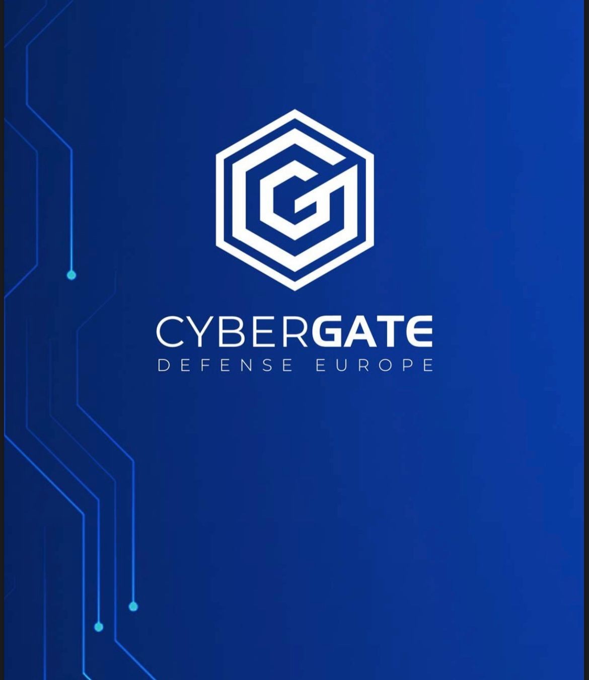 Logo of Cybergate Defense Europe on a blue background with circuit motifs.