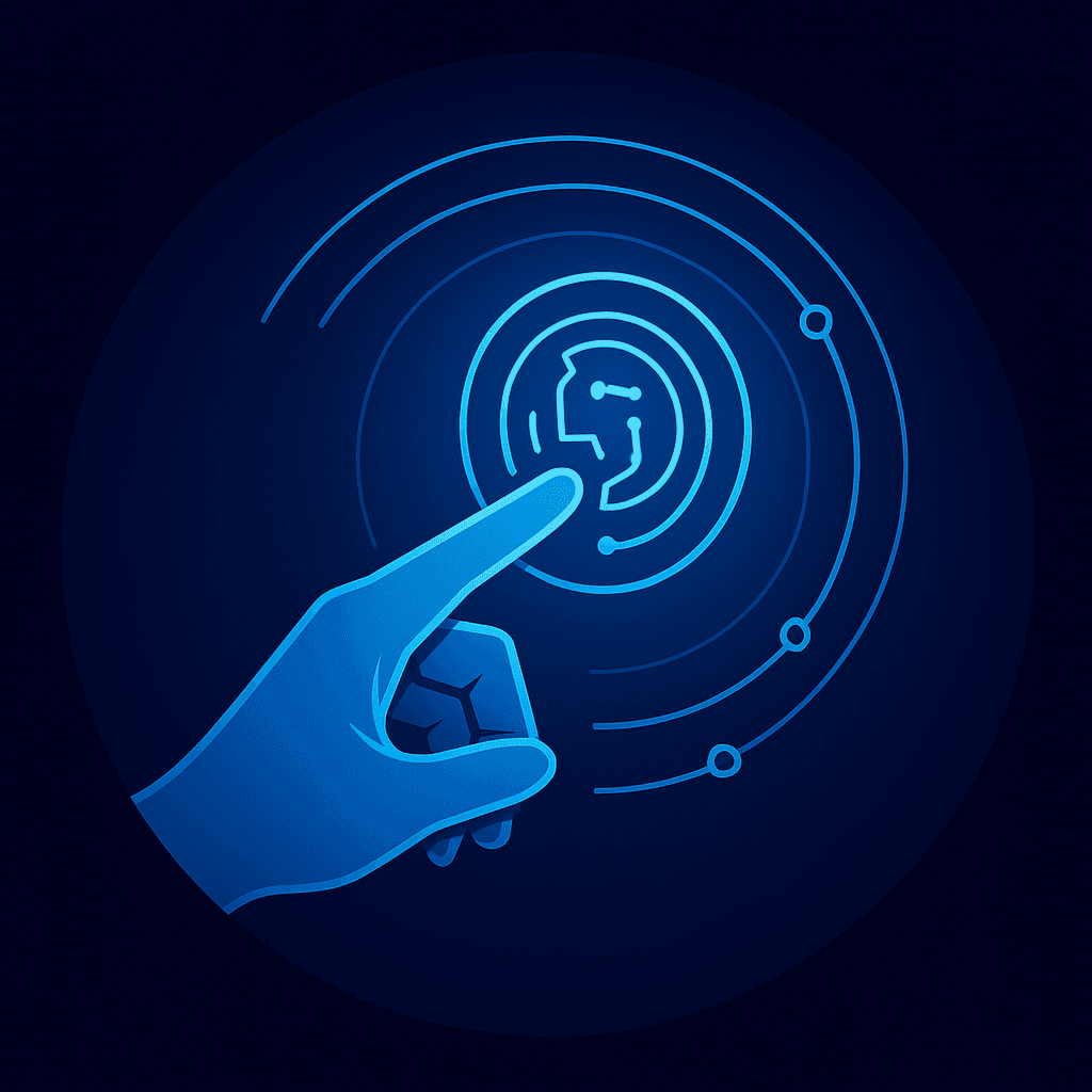 Digital illustration of a hand interacting with virtual interface featuring human head silhouette and circuit patterns.