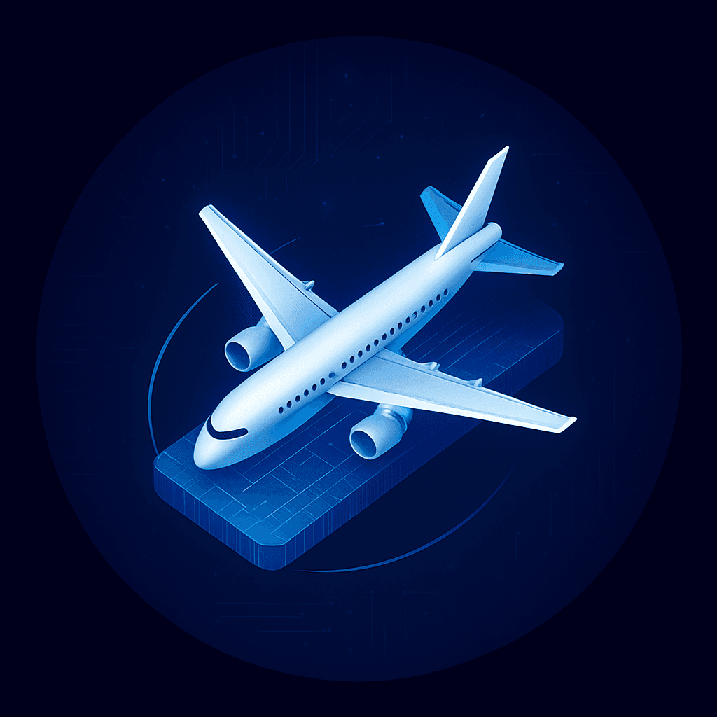 Illustration of a blue airplane on a digital platform with a circular tech-themed background.