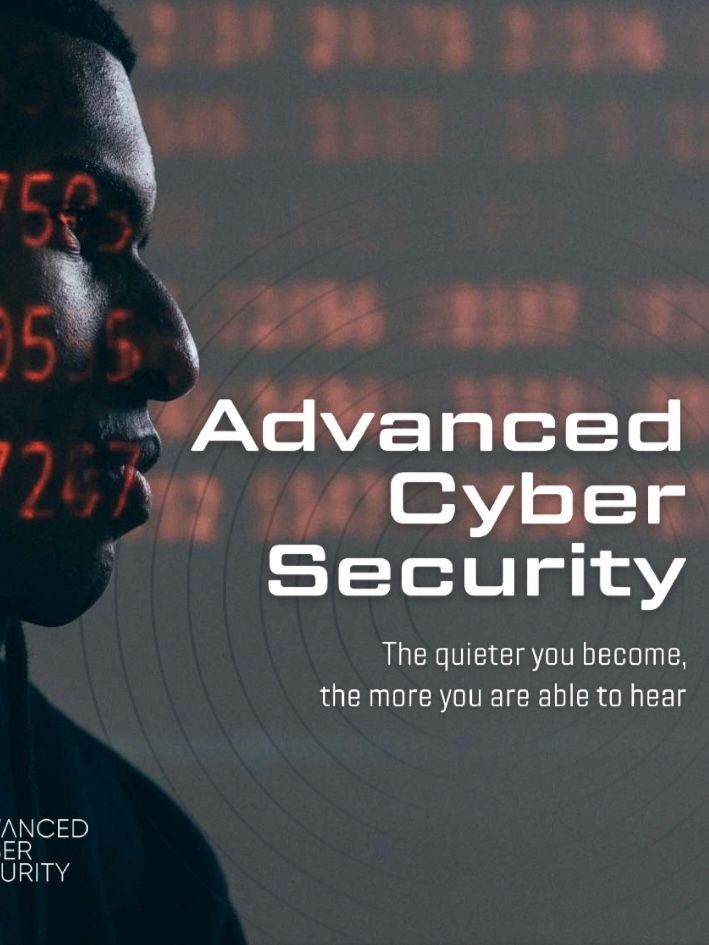 Profile of a person with red digital numbers projected, next to 'Advanced Cyber Security' text.