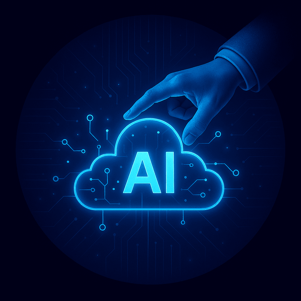 Hand reaching towards a glowing AI cloud icon with circuit patterns in the background.