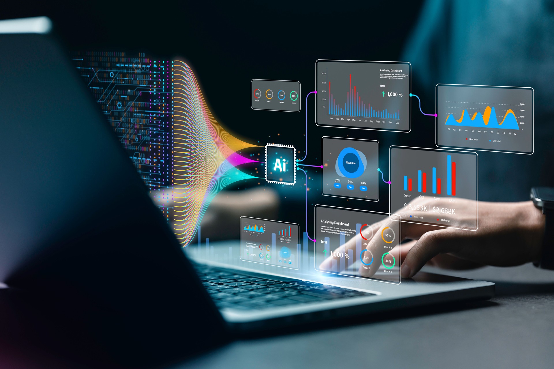 Data analysis science and big data with AI technology. Analyst or Scientist uses a computer and dashboard for analysis of information on complex data sets on computer. Insights development engineer